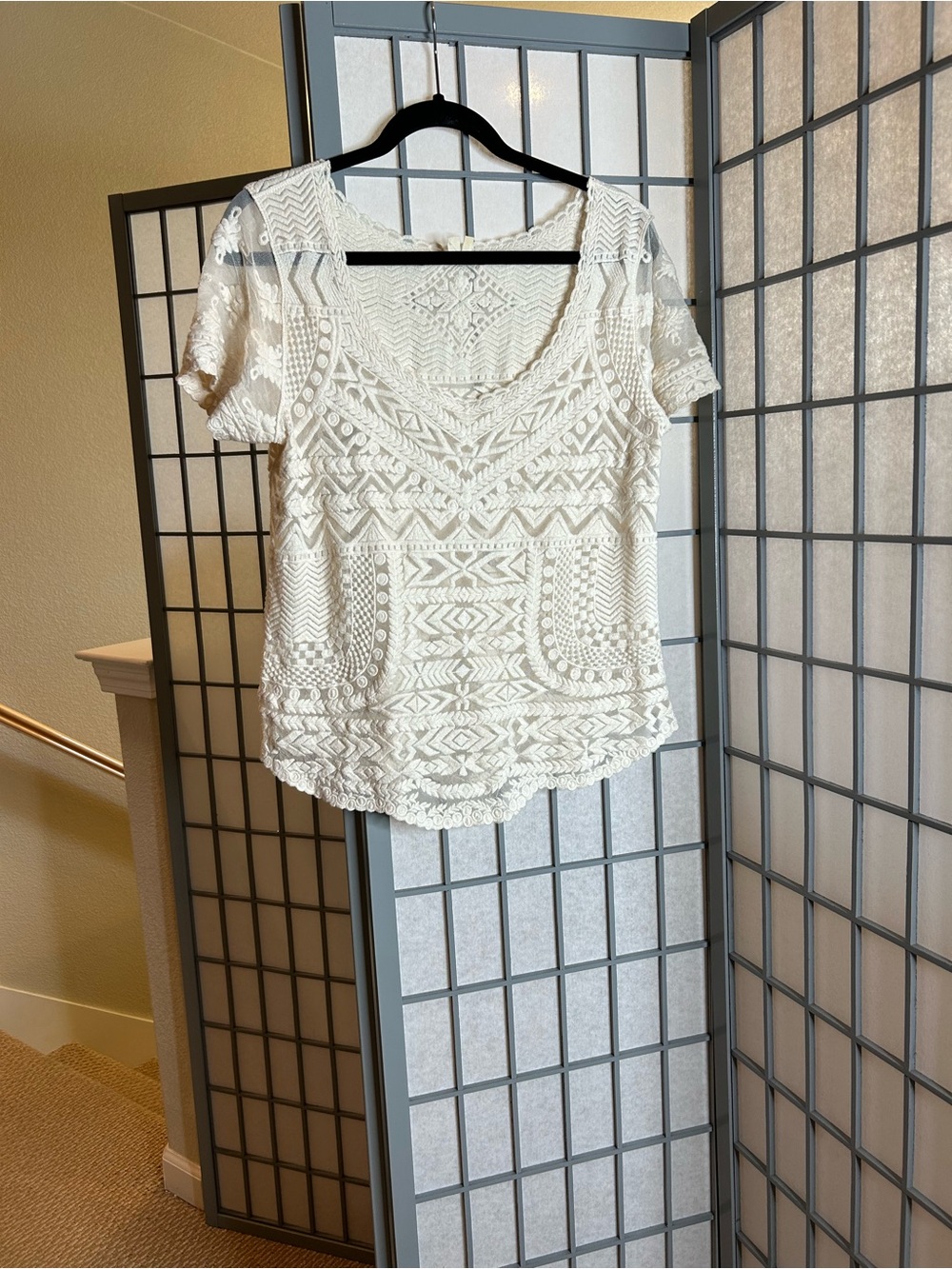 Anthropologie Meadow Rue Cream Crochet Lace Sheer Short Sleeve Top